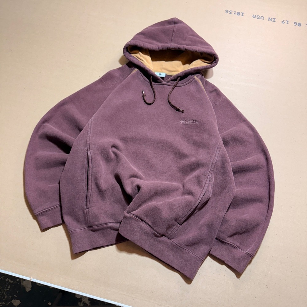 Vintage Columbia Hoodie Large Brown Excellent Raglan Fleece Pullover Pockets